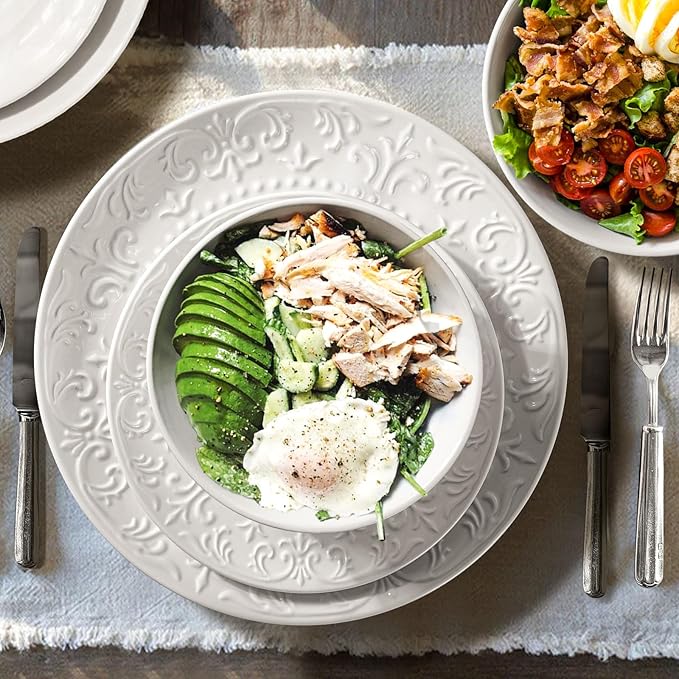 Cereal Bowls Set of 4 - Ceramic Soup Bowls for Kitchen 30 Oz Embossment White Breakfast Bowls for Rice, Pasta, Fruits, Salad, Ramen, 6.25 Inch, Dishwasher & Microwave Safe (Multiple Patterns)