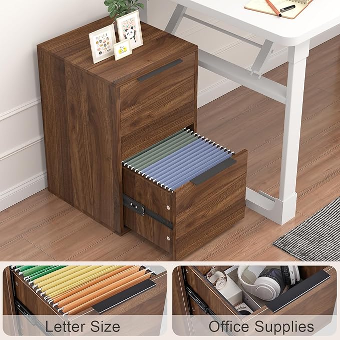 Wood File Cabinets 2 Drawers File Cabinet with Hanging Bar for Letter Size/Hanging Files, Small Wooden File Cabinets for Home Office, Dark Walnut