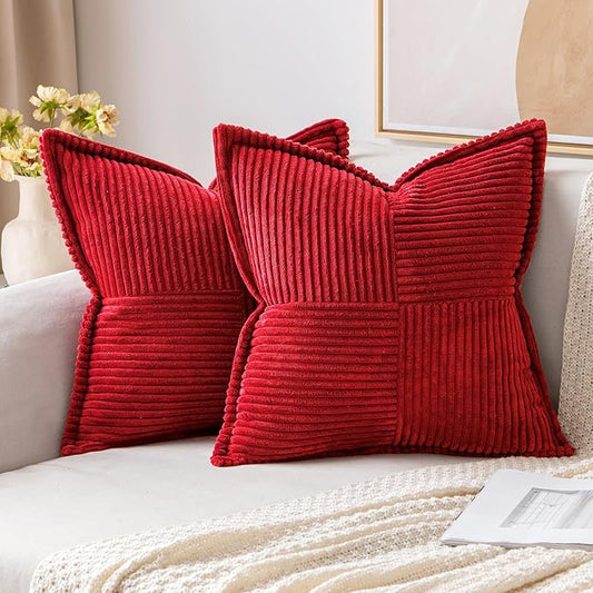 MIULEE Christmas Decorative Euro Sham Throw Pillow Covers for Couch Bed Livingroom 22x22 Inch Set of 2 Red Boho Accent Throw Pllows Broadside Striped Patchwork Soft Corduroy Pillowcases