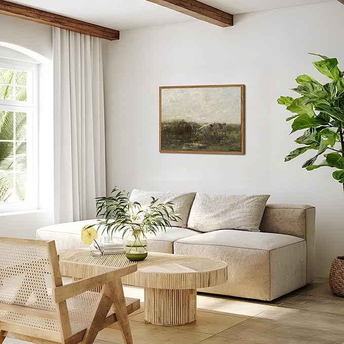 Floating Framed Landscape Canvas Wall Art, French Vintage Natural Country Cows Pictures Wall Decor Artwork, Farmhouse Oil Paintings Prints for Living Room Bedroom Home Decoration 12x16 inch