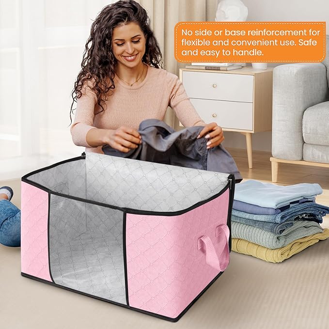 Fab totes 4 Pack Clothes Storage, Foldable Thick Fabric Blanket Storage Bags, Containers for Organizing Bedroom, Closet, Clothing, Comforter,Organization with Handle,Pink