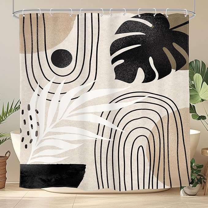 Glawry Boho Black Brown Beige Shower Curtain Modern Mid Century Abstract Tropical Palm Leaf Bathroom Minimalist Geometric Arch 72Wx72L Inches Bath Accessories Art Home Decor Fabric 12 Pack Hooks