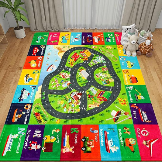 Kids Rugs Traffic Road Carpet Play Rug 78.7"×59" for Playroom Transportation ABC Educational Mat Alphabet Area Rug, Kids Playtime Collection Toddler Car Track Rug Cute Cartoon Animal Letters