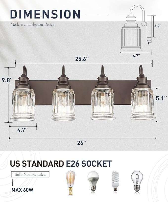 Bathroom Vanity Light - HWH 4-Light Vanity Lights for Bathroom Wall Mounted Light Fixtures Over Mirror, Oil Rubbed Bronze Vanity Light with Bell-Shaped Clear Glass, 5HZG106B-4W ORB