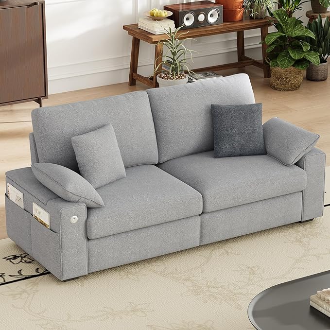 76" Loveseat Sofa, Cloud Foam Couch, 3 Seater Upholstered Midcentury Mondern Love Seat with USB Type C Ports, 4 Pillows and Flip-Open Storage Armrest for Living Room/Small Spaces, Grey