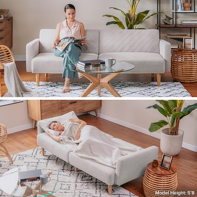 mopio 76.8" Futon Sofa Bed, Small Couch, Sleeper, Loveseat, Mid Century Modern Futon Couch, Sofa Cama, Couches for Living Room (Light Gray Fabric)