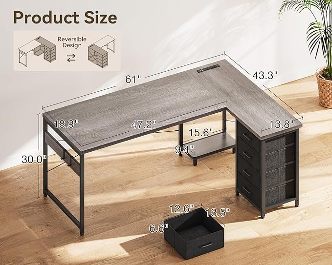 ODK 61'' L Shaped Desk with 4 Drawers, Reversible Corner Desk with Storage, Gaming Table with Power Outlets, USB Ports, PC Case Shelf, Computer Desk for Home Office, Study, Easy Assembly, Gray Oak