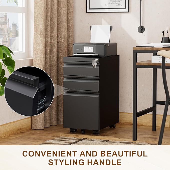 Metal Mobile File Cabinet with Lock and 4 Keys - Fully Assembled, Under Office Desk 3 Drawers Filing Cabinet for Home Office with Anti-tilt Wheels, A4/Legal/Letter Hanging File Drawers