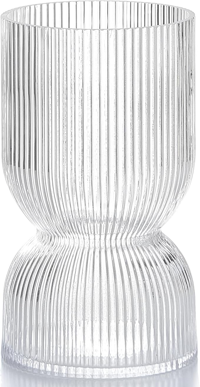 7.5 Inch Glass Hourglass Vase - Clear Ribbed Bud Flower Vases for Floating Candles, Centerpieces, Wedding Reception Decor - Hurricane Candle Holder for Home Decor, Housewarming Gift