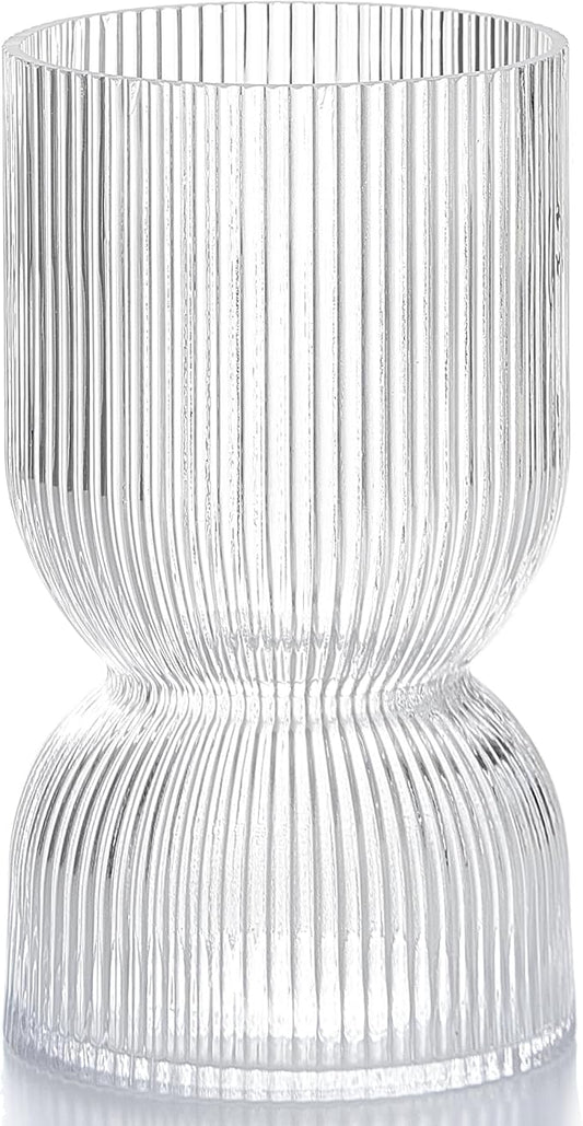7.5 Inch Glass Hourglass Vase - Clear Ribbed Bud Flower Vases for Floating Candles, Centerpieces, Wedding Reception Decor - Hurricane Candle Holder for Home Decor, Housewarming Gift