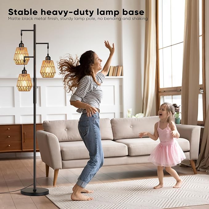 QiMH Farmhouse Floor Lamps for Living Room, Industrial Standing Lamp with 3-Lights Boho Rattan Shades, 68" Modern Rustic Tree Tall Lamps for Bedroom Office, Rotary Switch, 3 LED Bulbs Included