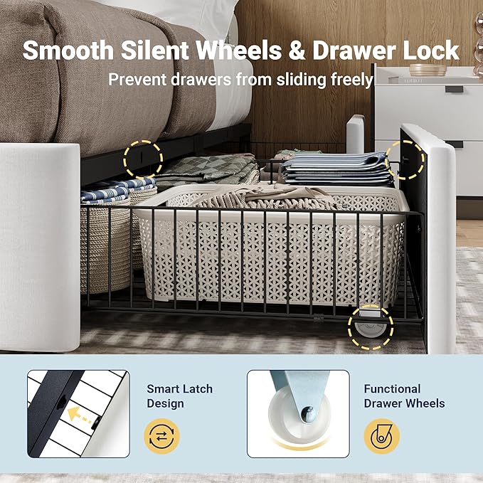 Allewie King Size Platform Bed Frame with 4 Large Storage Drawers, Velvet Vertical Channel Tufted Upholstered Bed Base, Wooden Slats Support, Noise-Free, No Box Spring Needed, Easy Assembly, White