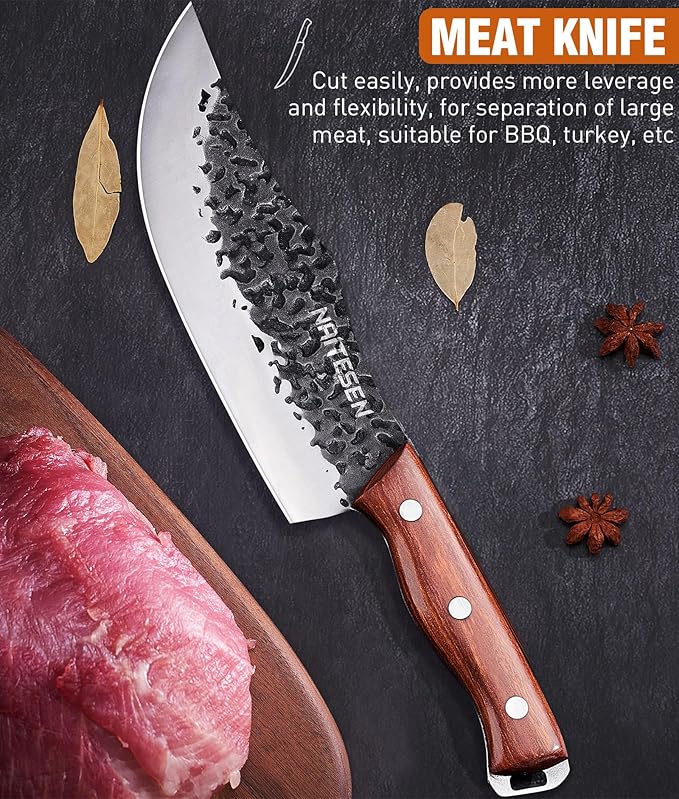 4PCS Butcher Knife and Kitchen Knife Set, Hand Forged Very Sharp for Meat Cutting Cooking BBQ Gifts for Men Women