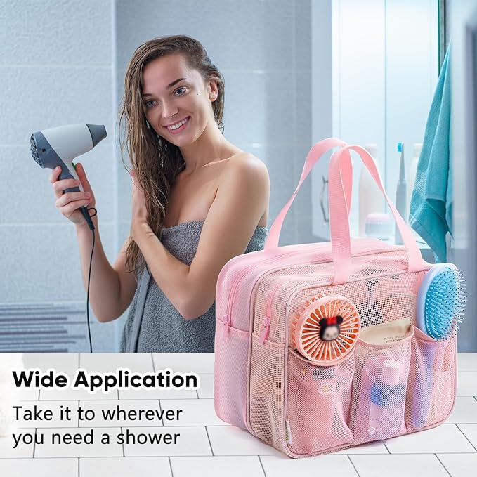 Large Mesh Shower Caddy with Wet & Dry Zones – Portable Hanging Toiletry Bag for College Dorm Room Essentials, Travel, Gym, Camping, Beach Tote Bag – Quick-Dry Shower Tote Organizer