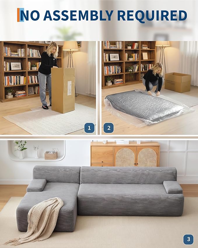 Garvee 108'' Modular Sectional Sofa, Left Facing Chaise L-Shaped Boneless Couch, Ultra Deep Seat Modern Sectional Sofa for Living Room, 5mm Wale Corduroy Fabric, Gary