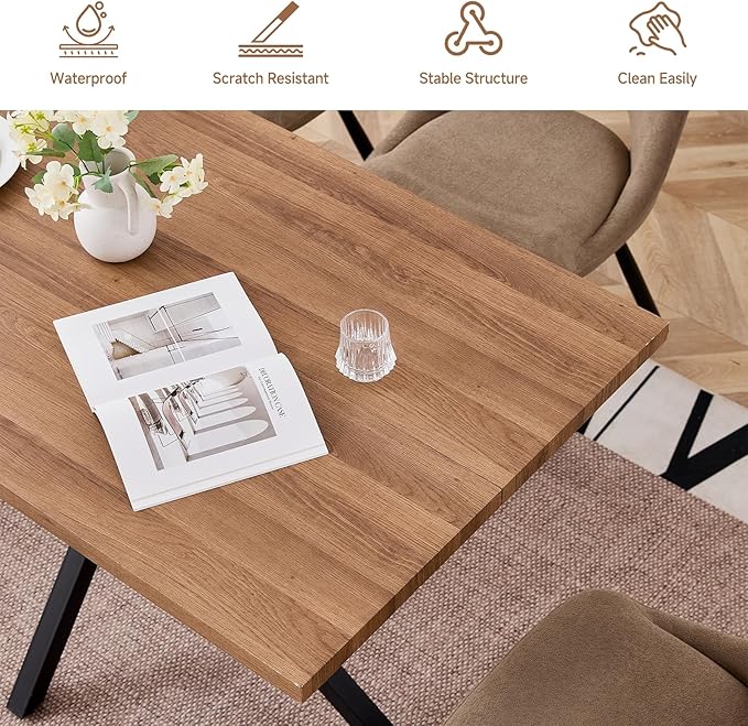 55.1 Inch Dining Table for 4 6 People Rectangular Wooden Kitchen Tables Mid Century Modern Dinner Table Long Dinning Room Table with Metal Cross Legs for Kitchen Living Room Comedor(Brown)