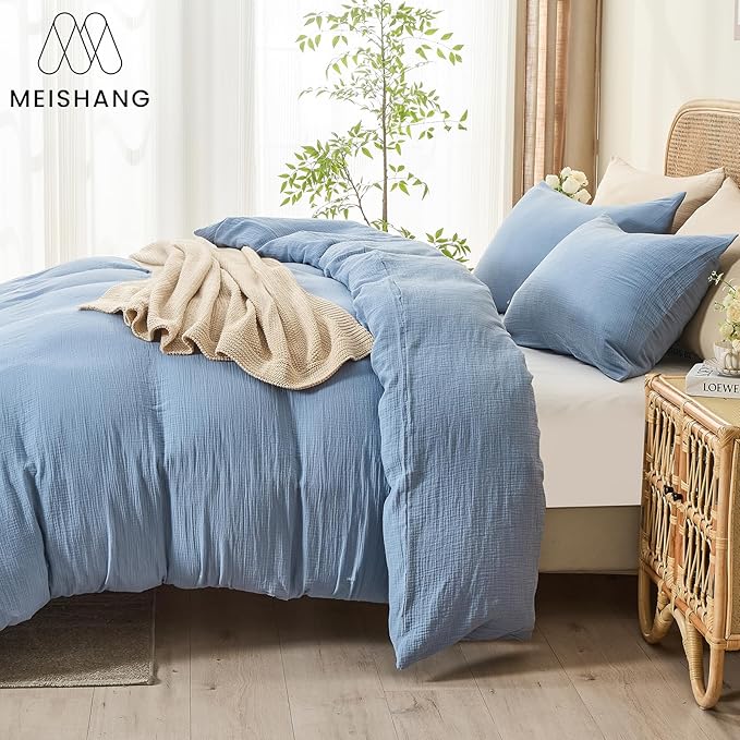 MEISHANG Muslin Duvet Cover King Size - 100% Organic Cotton, Soft Textured Gauze Weave Comforter Cover for Breathable All-Season with Zipper Closure - 3 Piece Set (King, Smoky Blue)