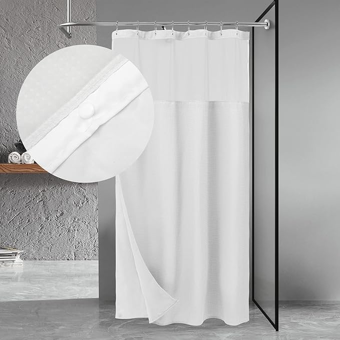 N&Y HOME 48 Inch Waffle Weave Shower Curtain with Snap-in Fabric Liner & 12 Metal Hooks Set - 48" x 72" Shower Stall Size, Hotel Style & Mesh Top Window, Machine Washable - White, 48x72