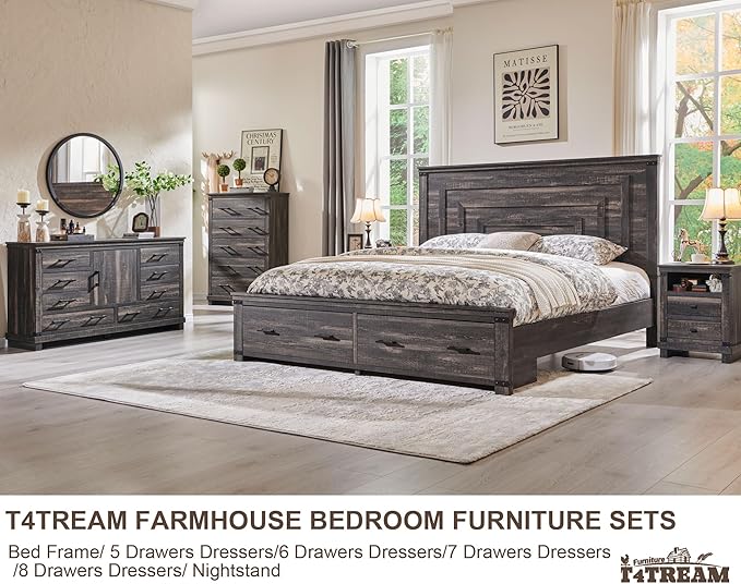 T4TREAM Farmhouse Queen Size Bed Frame with 54" Tall Geometric Headboard & 2 Large Storage Drawers, Rustic Wood Platform Bed with Wood Slats Support, No Box Spring Needed, Dark Rustic Oak