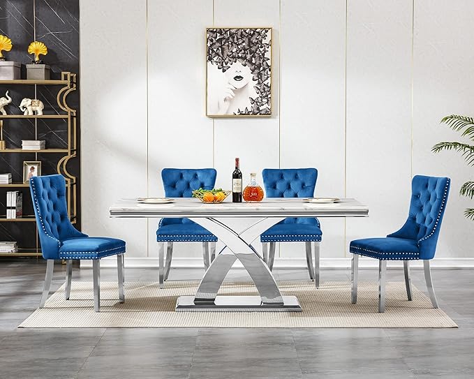 Modern White Marble Dining Table Set for 4,5-Piece Kitchen Table and Chairs for 4,Luxury Silver Dining Room Table Set w/68" Rectangle Dinner Table & 4 Blue Velvet Chairs for Kitchen Dining Room