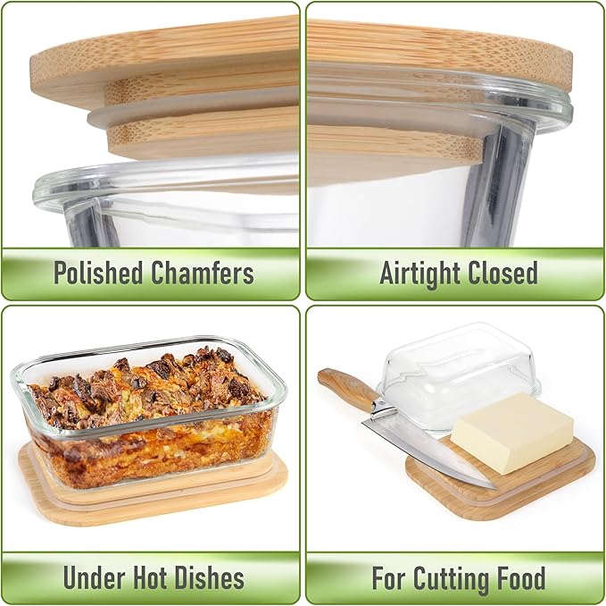 Natural Bamboo Lids Set for Food Storage Glass Containers (4pcs) - Lids are compatible with all Glass Food Storage Containers Sets