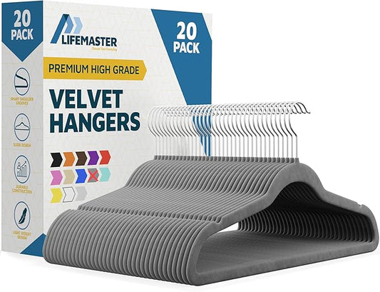 Velvet Non-Slip Hangers - 20 Pieces Non-Slip Coat Hanger Set with 360° Swivel Hook, Space-Saving, Sleek Design, Keep Closet Organized, Smooth Velvet Finish, Lightweight Construction - Gray