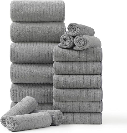 18 Piece Family Bath Towel Set Include 6 Bath Towels,6 Hand Towels and 6 Washcloths Soft Bathroom Towel with Hanging Loops,Highly Absorbent Quick Dry Towels Set for Bathroom,Hotel and Spa-Grey