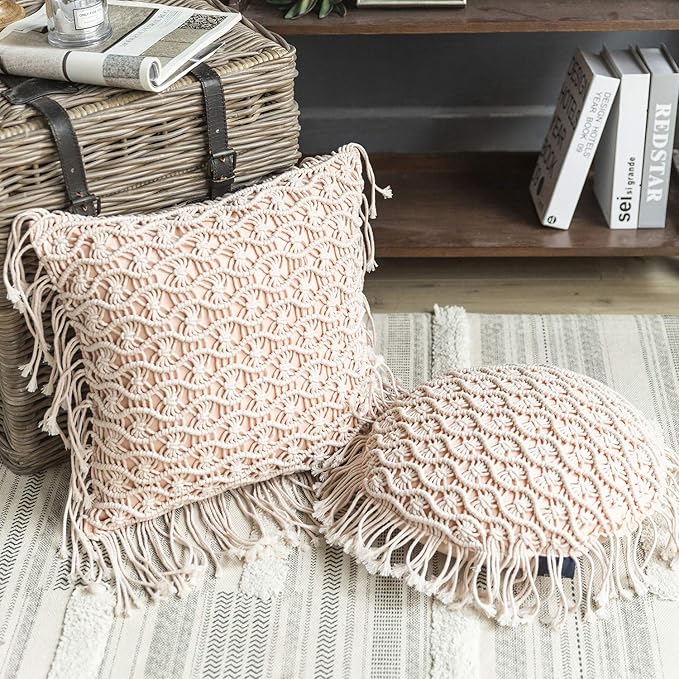 Phantoscope 100% Cotton Handmade Crochet Woven Boho Throw Pillow with Tassel Cute Farmhouse Pillow Insert Included Lumbar Small Decorative Cushion for Couch Sofa, Pink,16 inches Round