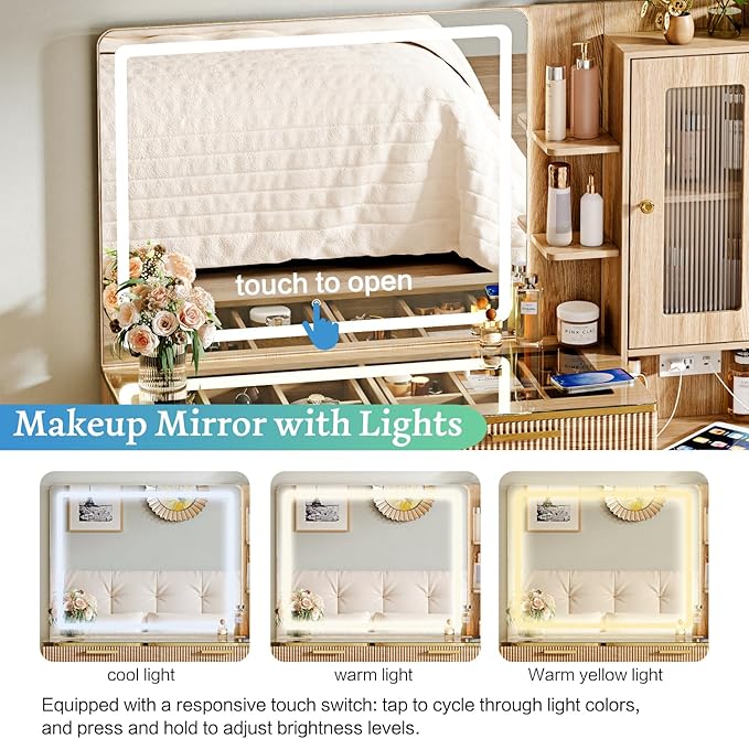 Vanity Desk with 29.53" HD Lighted Mirror, 47.24" Big Modern Vanity Desk with Mirror and Lights, Makeup Vanity with 5 Drawers and Storage Shelves and Charging Station, Oak