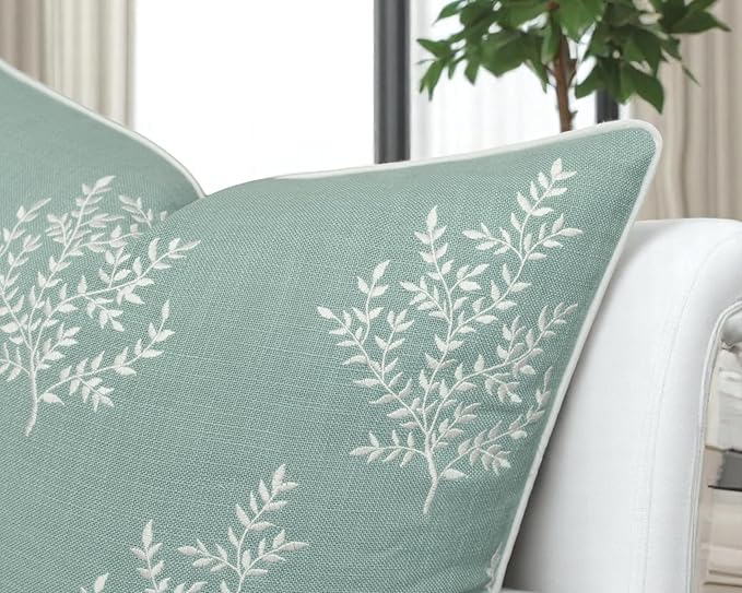 VAGMINE Embroidered Leaves Throw Pillow Cover - 20x20 Inches Square - 100% Cotton Light Teal Cushion Cover - Elegant Leaf Embroidery - Soft Boho Accent for Sofa, Lounge, Contemporary Décor