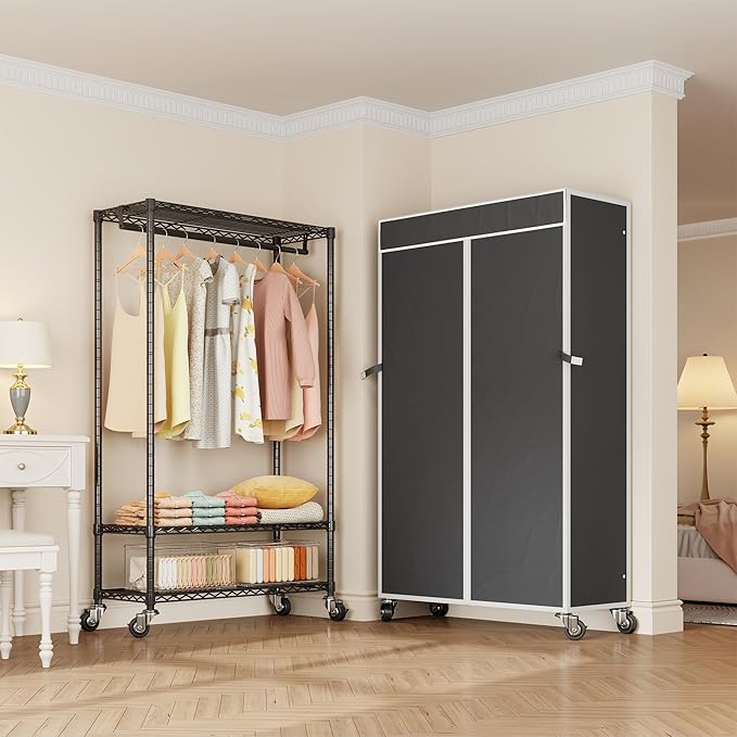 H4 Garment Rack with Cover, Rolling Heavy Duty Clothes Rack, Wardrobe Closet Organizer and Storage, Portable Closet for Hanging Clothes, Black Clothing Rack Shelf with Black Fabric Cover