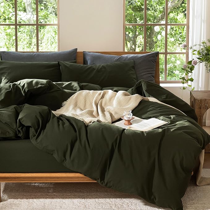 MooMee Bedding Duvet Cover Set 100% Washed Cotton Linen Like Textured Breathable Durable Soft Comfy (Solid Olive Green, King 104"x90")