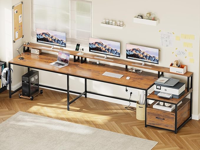 SEDETA L Shaped Office Desk, 66" Corner L Shaped Computer Desk with File Drawer & Power Outlet for Home Office, Gaming Table with Led Lights, Monitor Shelf, Printer Storage Shelves, Rustic Brown