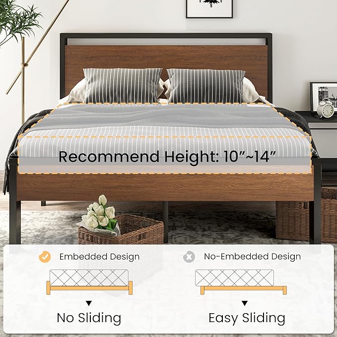 SHA CERLIN 14 Inch Full Size Metal Platform Bed Frame with Wooden Headboard and Footboard, Mattress Foundation, No Box Spring Needed, Large Under Bed Storage, Non-Slip Without Noise, Walnut