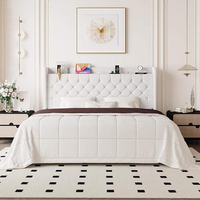 Allewie King Size Bed Frame, Storage Headboard with Charging Station, Wingback Velvet Upholstered, Diamond Stitched Button Tufted, Sturdy Wooden Slats, No Box Spring Needed, Easy Assembly, White