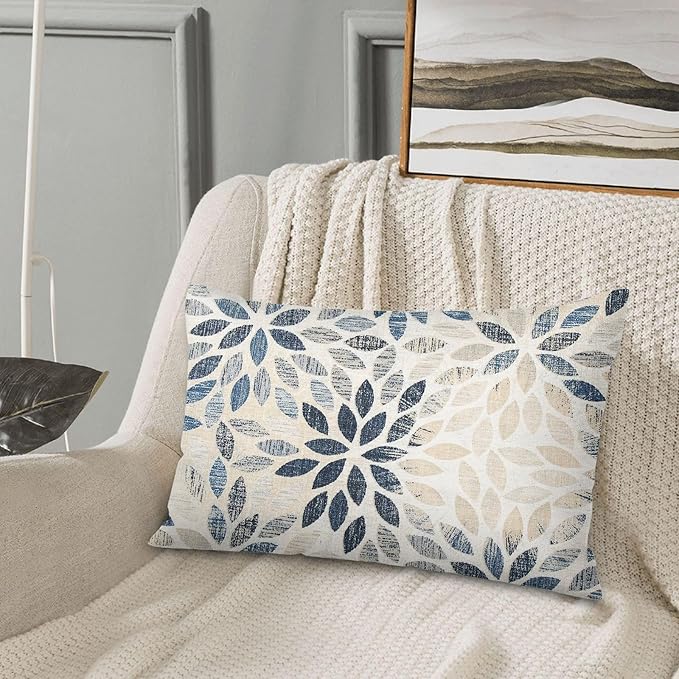 Dahlia Pillow Covers 12x20 Inch Set of 2 Summer Rust Geometric Flower Outdoor Decorative Throw Pillows Farmhouse Navy Blue Pillow Case Linen Lumbar Cushion Cover for Home Sofa Bedroom Living Room