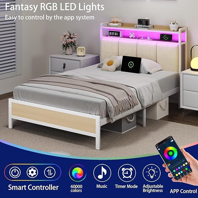 Twin Bed Frame with Storage Headboard, Metal Platform Bed Frames Twin with LED Lights and Charging Station, Heavy Duty Metal Slats, No Box Spring Needed, Easy Assembly, Beige