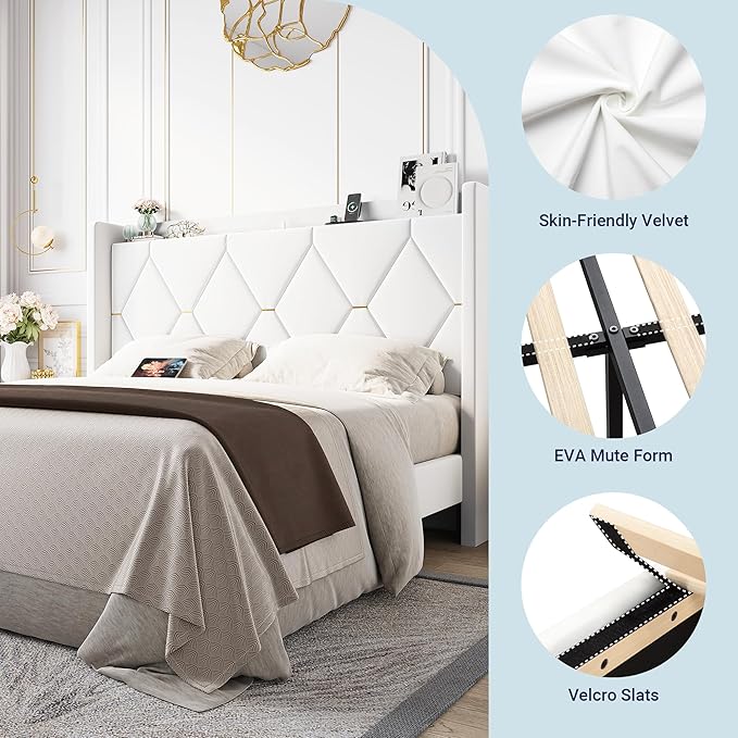 Allewie Velvet Queen Upholstered Bed Frame with Wingback Storage Headboard & Charging Station, Platform Bed with Diamond Tufted Design & Gold Trim, No Box Spring Needed, Easy Assembly, White
