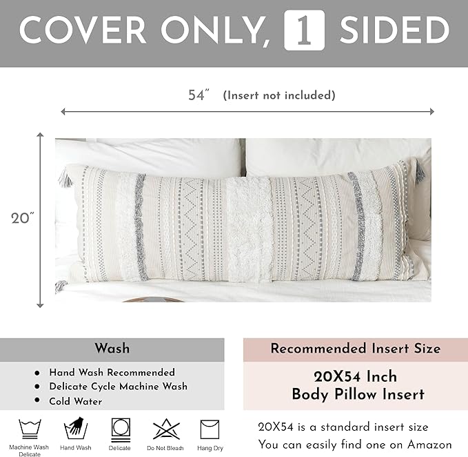 Large Body Pillow Cover for Bed 20x54 Gray Boho Accent Oversized Long Pillowcase for Bedroom Neutral White Decorative Cushion Farmhouse Home Décor (Cover ONLY, Pack of 1)