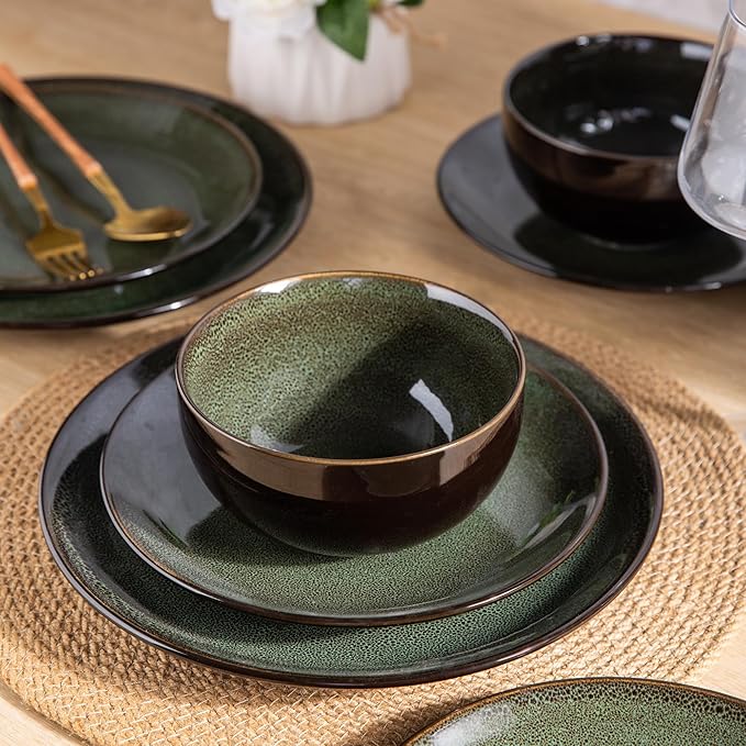 LERATIO Ceramic Dinnerware Sets for 8,Stoneware Plates and Bowls Sets,Handmade Reactive Glaze Dishes Set,Chip Resistant and Scratch Resistant | Oven&Dishwasher & Microwave Safe-Green(24PCS)