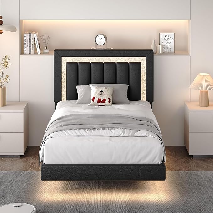 HOMBCK Floating Bed Frame Twin with Smart LED Lights, Faux Leather Upholstered Platform Bed with Diamond Headboard, No Box Spring Needed, Noise Free, Easy Assembly, Black