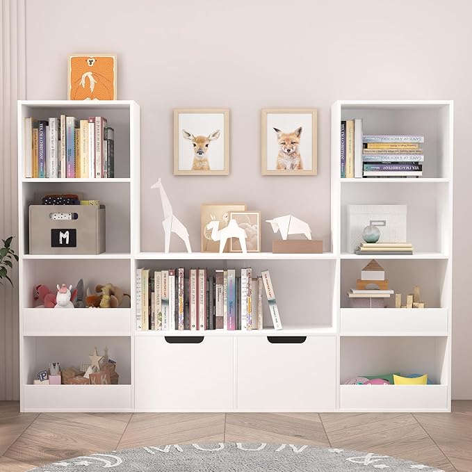 Toy Organizer and Nursery Bookshelf, 4-Tier Wooden Kids Bookcase with Storage Bins, Playroom Storage Rack for Toys and Books, Toy Storage Organizer for Playroom, Nursery, Classroom, White