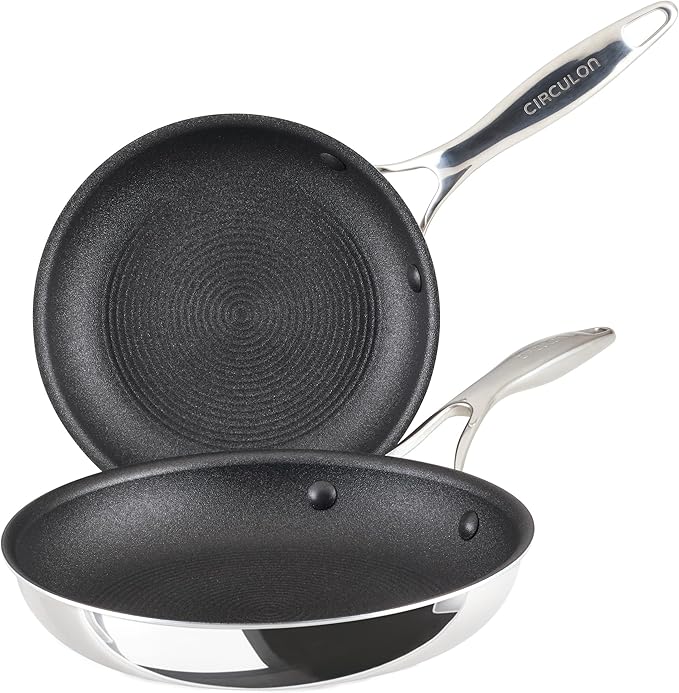 Circulon C1 Series Clad Stainless Steel with ScratchDefense Technology Cookware Nonstick Induction Frying Pans/Skillets, Metal Utensil Safe, 8.5 Inch and 10 Inch, Polished Stainless Steel