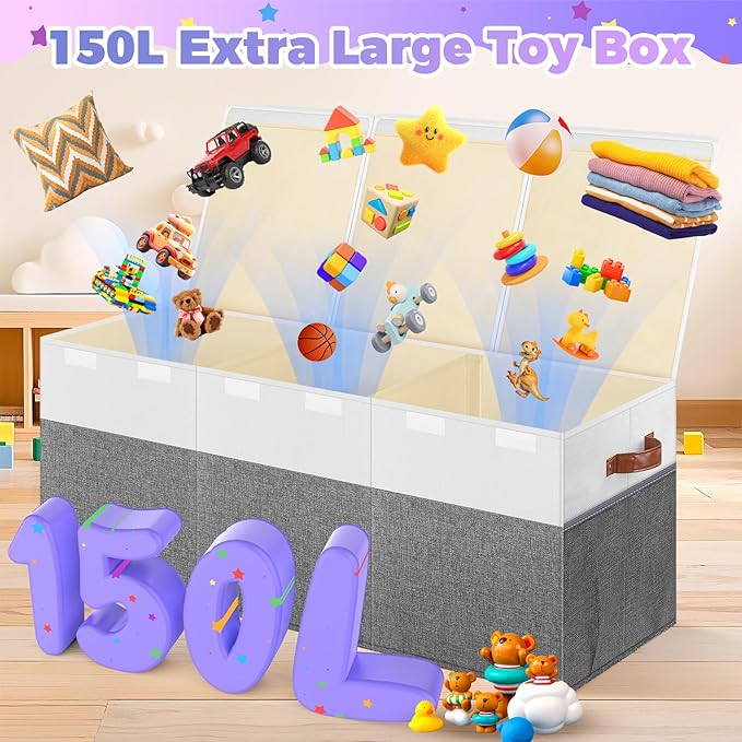 Extra Large Toy Storage Box with Lid, Collapsible Sturdy Toys Chest Storage Organizer Bin Basket with Divider for Kids, Boys, Girls, Closet, Playroom, Bedroom, Nursery, 40"X14"X16", Gray & White