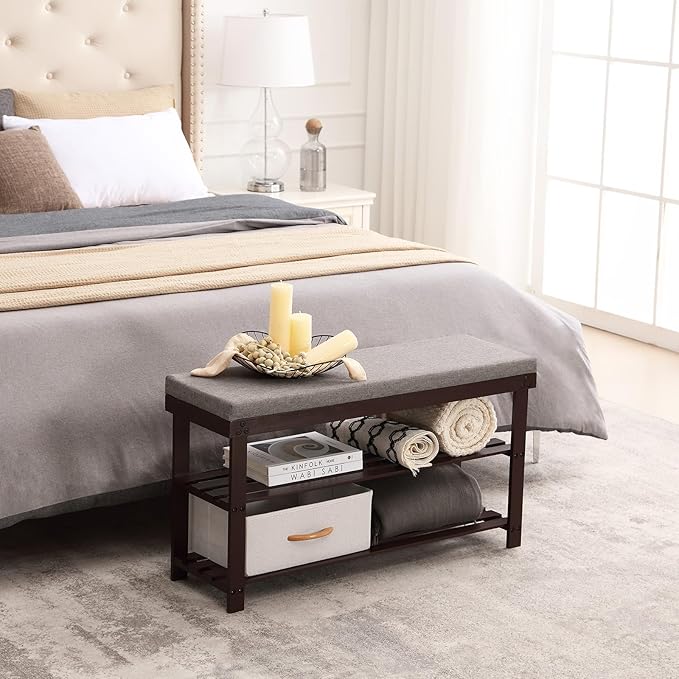 Apicizon 3-Tier Shoe Rack for Entryway, Bamboo Shoe Bench with Cushion Padded Seat, Small Shoe Organizer with Storage for Indoor Entrance Hallway Bedroom Living Room, 35.4 Inches, Brown