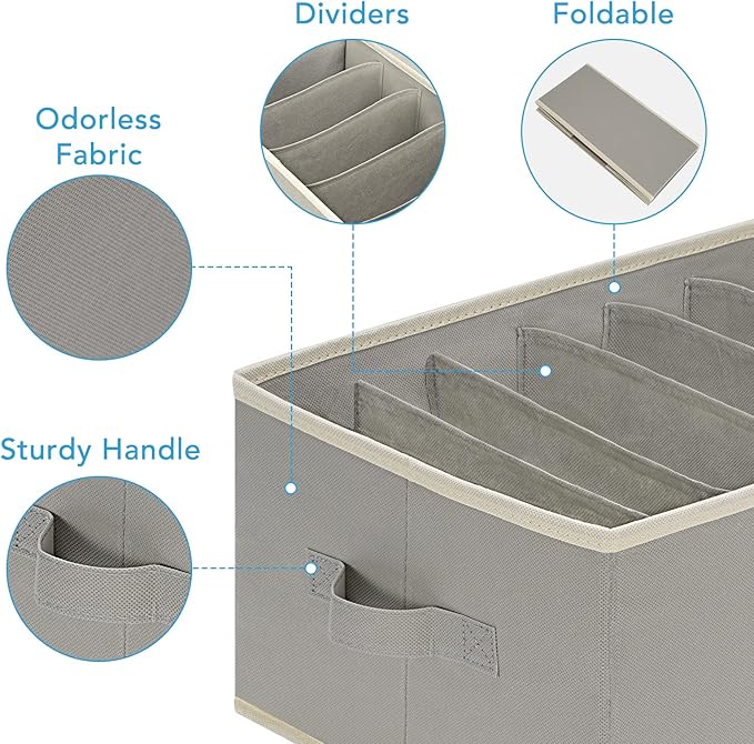 3 Pcs Large Size Wardrobe Clothes Organizers 6 Grids for Pants, Jeans, Sweater, T-shirt, Thin Coat, Dress Stackable Closet Drawer Organizer Storage Bin Container with Sturdy Handles, Grey