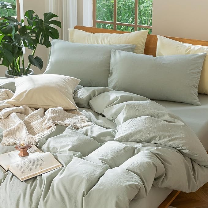 MooMee Bedding Duvet Cover Set 100% Washed Cotton Linen Like Textured Breathable Durable Soft Comfy (Heathered Sage Green, Oversized Queen 98"x98")
