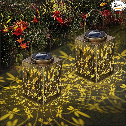 2 Pack Solar Lanterns - Waterproof Metal Hanging Solar Lights Outdoor Decorative, Solar Powered LED Lamp for Patio Tabletop Porch Deck Yard Garden Decor for Outside (Dragonfly)