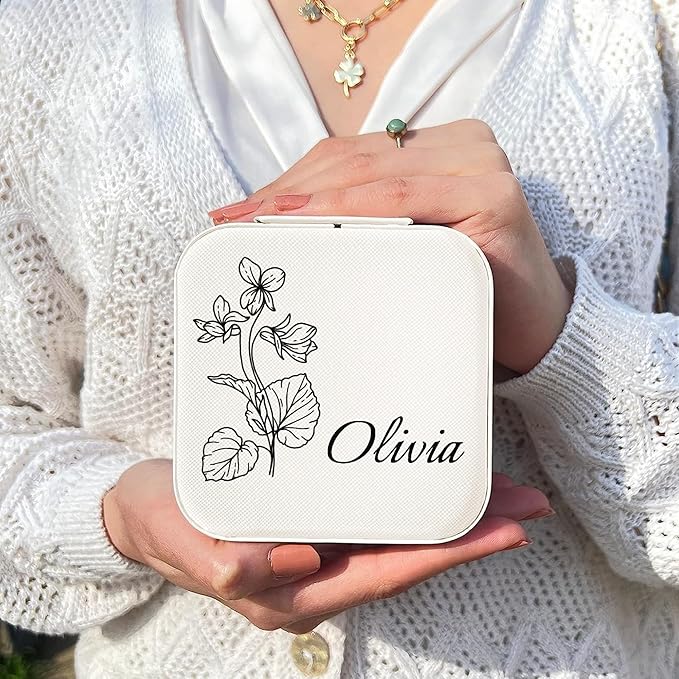 Personalized Jewelry Boxes for Women, Custom Travel Jewelry Case with Name and Birth Flower Month, Portable Jewelry Box Organizer for Mom Birthday Gifts (Not customizable)
