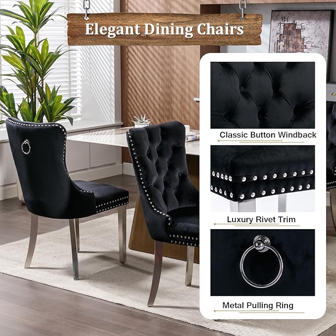 Goujxcy 7 Piece Marble Dining Table Set for 6, Luxury 70" White Marble Silver Kitchen Table with 6 Black Velvet Upholstered Chairs, Modern 6 Person Dining Room Table Set for Kicken Dining Office Room